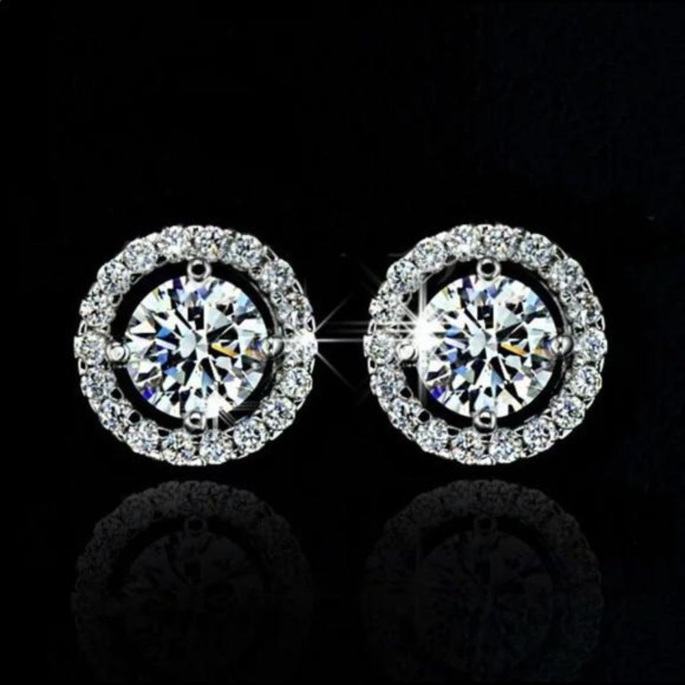 White Zircon Sterling Silver Stud Earrings, beautiful Earrings, cute Earrings